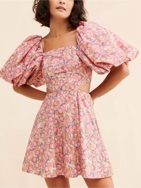 Aureta Pink Floral Puff-Sleeve Cutout Mini Dress with pockets, Medium **FLAW**